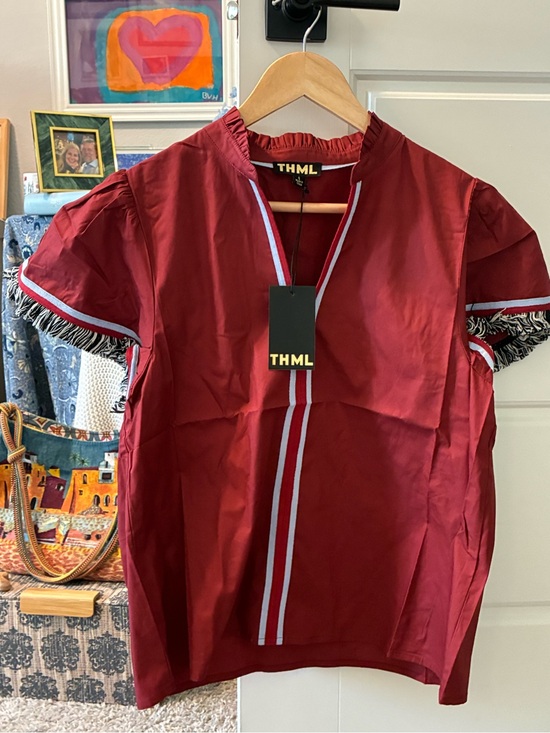 THML Tops - THML Brick Red Fringe Sleeve Short-Sleeve Blouse